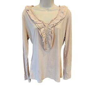 Garnet hill L pima cotton ruffle collar neutral long sleeve lightweight top